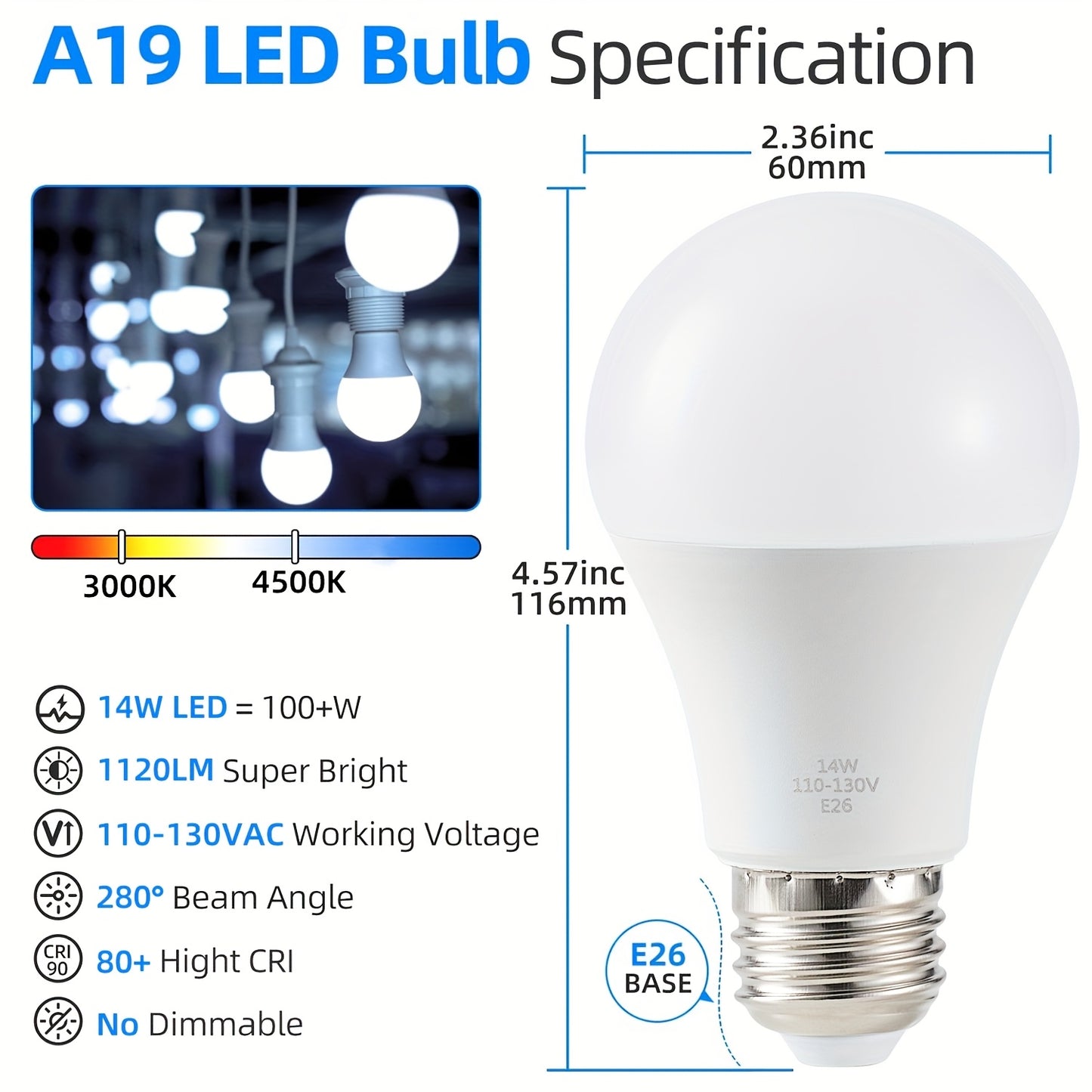 A19 LED Bulbs 100W Equivalent, 14W 1120 Lumens LED Light Bulbs, 3000K/4500K, E26 Base, Super Bright, No Flicker, CRI85+