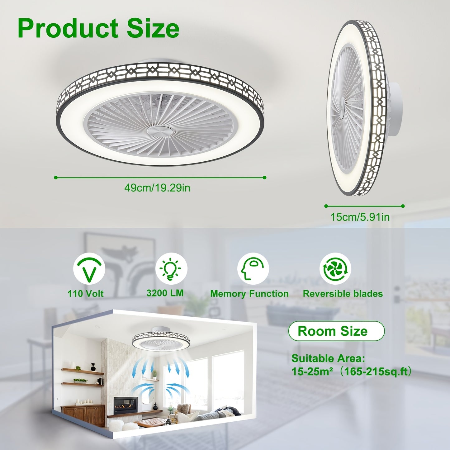 19'' Ceiling Fan with Lights Reversible low Profile Ceiling Fan LED Quiet Flush Mount Ceiling Fan Light and Remote for Bedroom Living Room