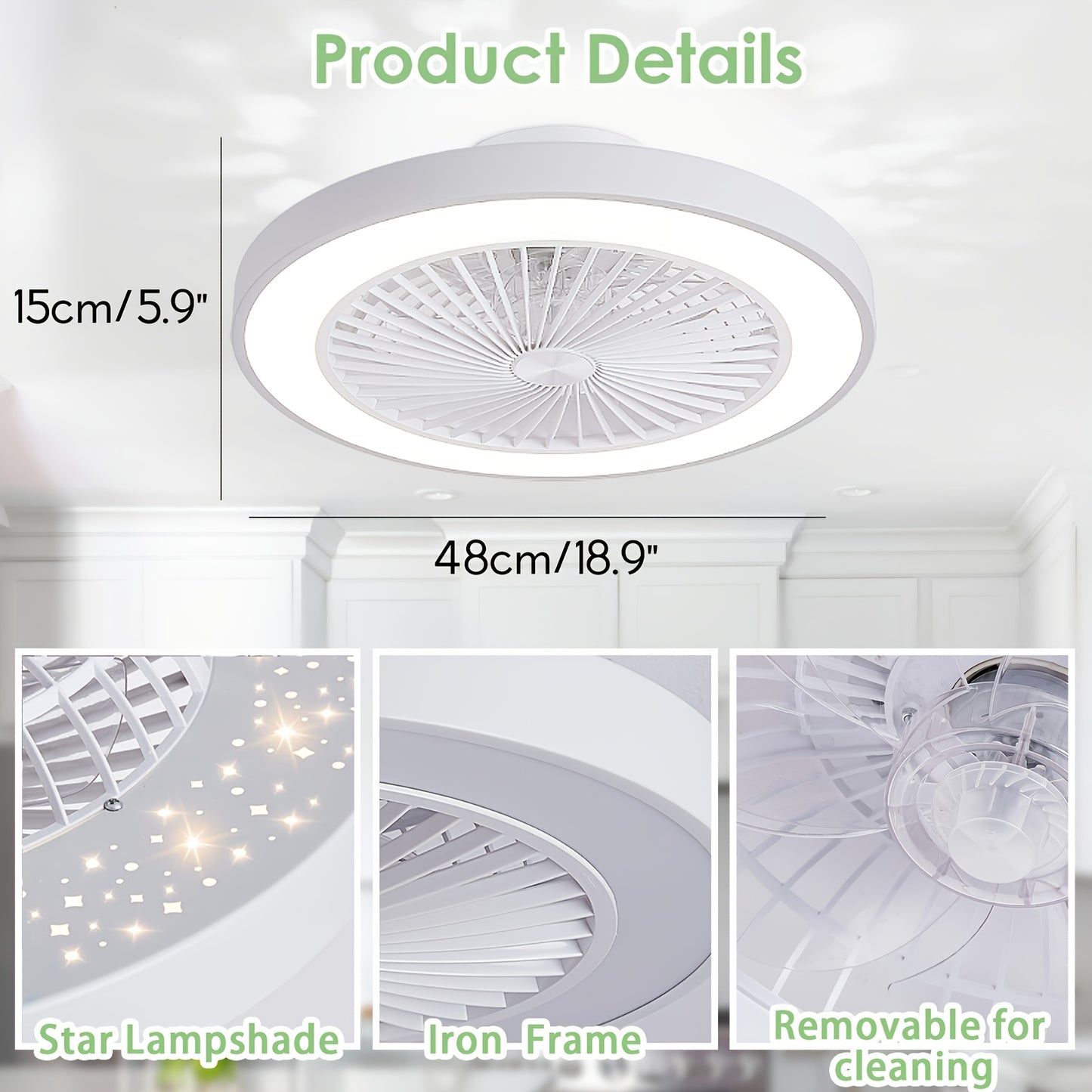 20" Low Profile Ceiling Fan with Lights and Remote Modern Ceiling Fan Light with Patterns for Bedroom Living Room Dining Room Office