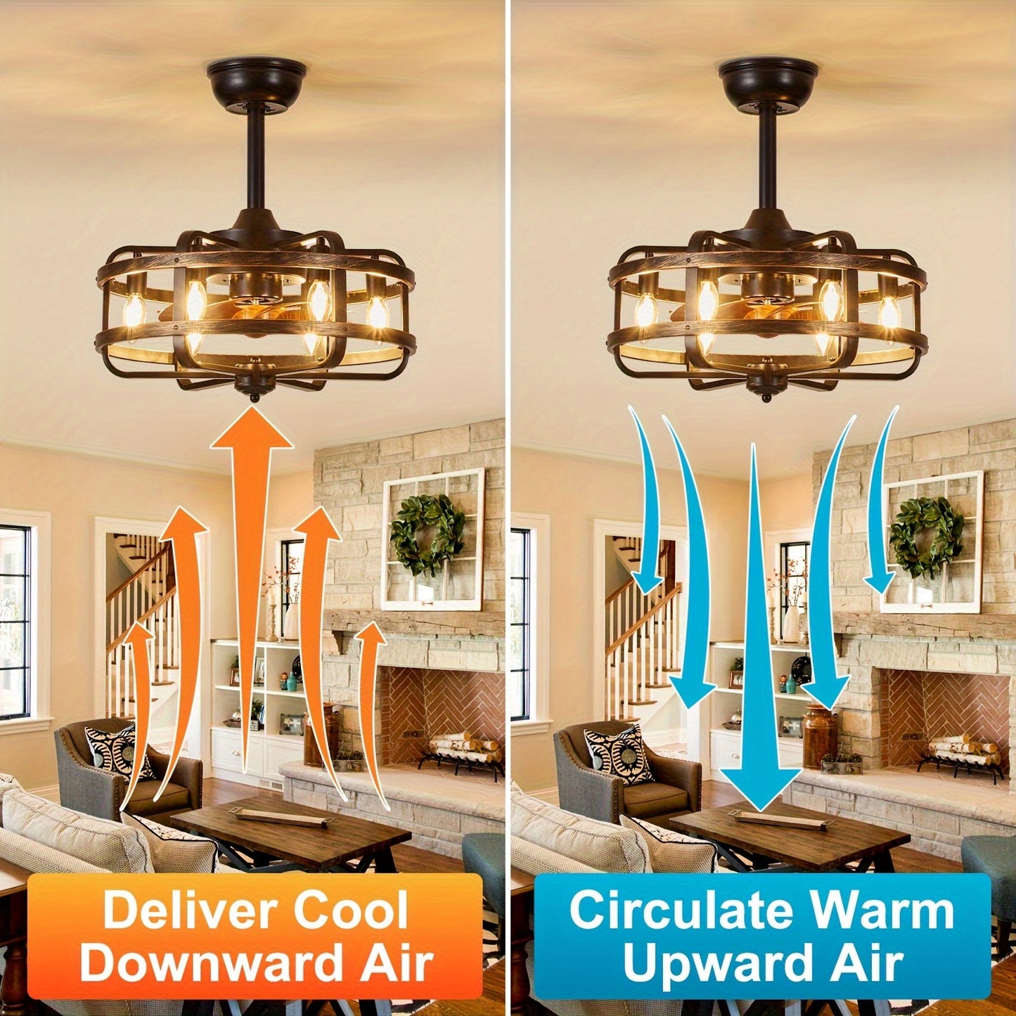 18" Industrial Caged Ceiling Fan With Remote Control And Light Kit Farmhouse Ceiling Fan