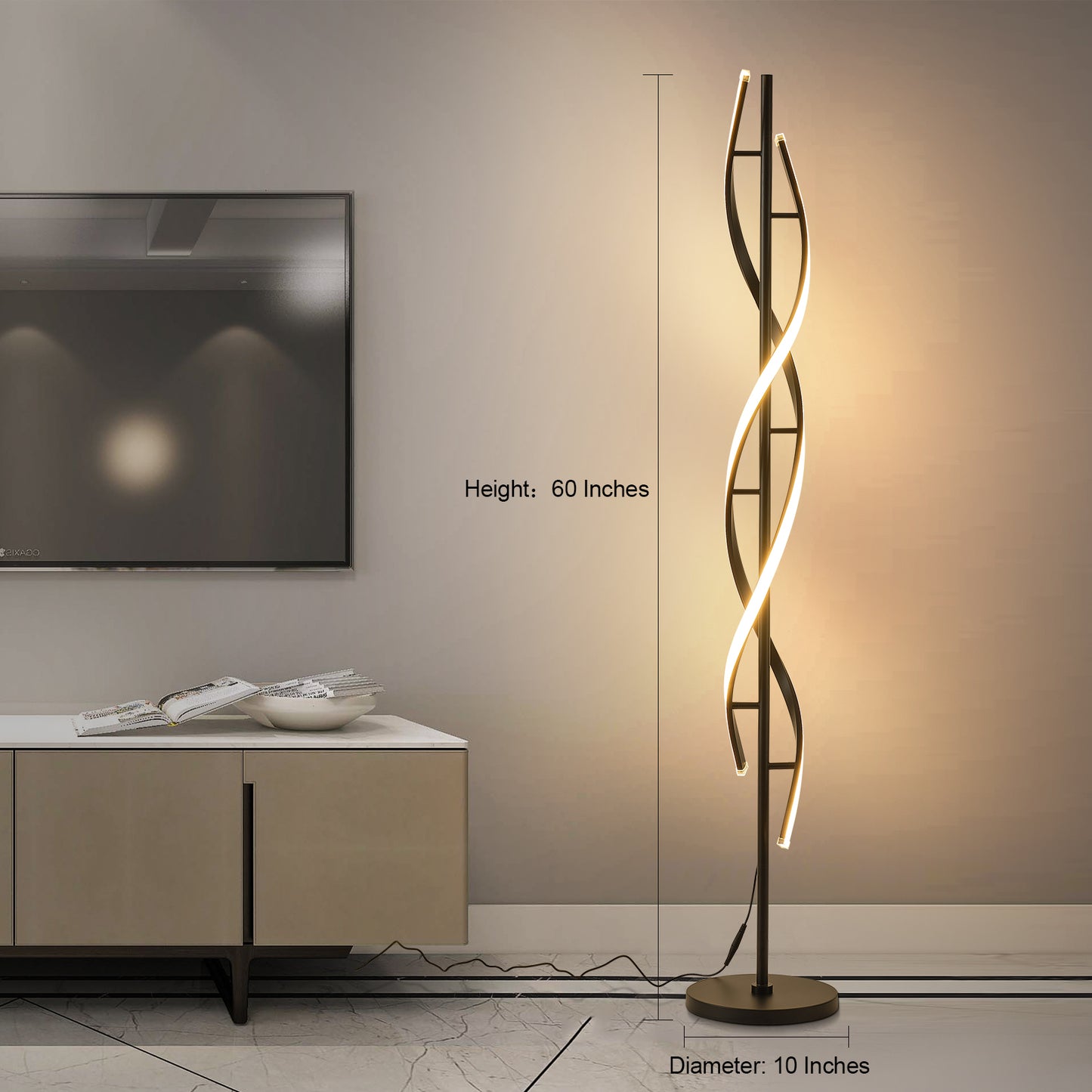 60" Led Floor Lamp with Remote Control 34W Contemporary Spiral Floor Lamps For Bedroom Living Room