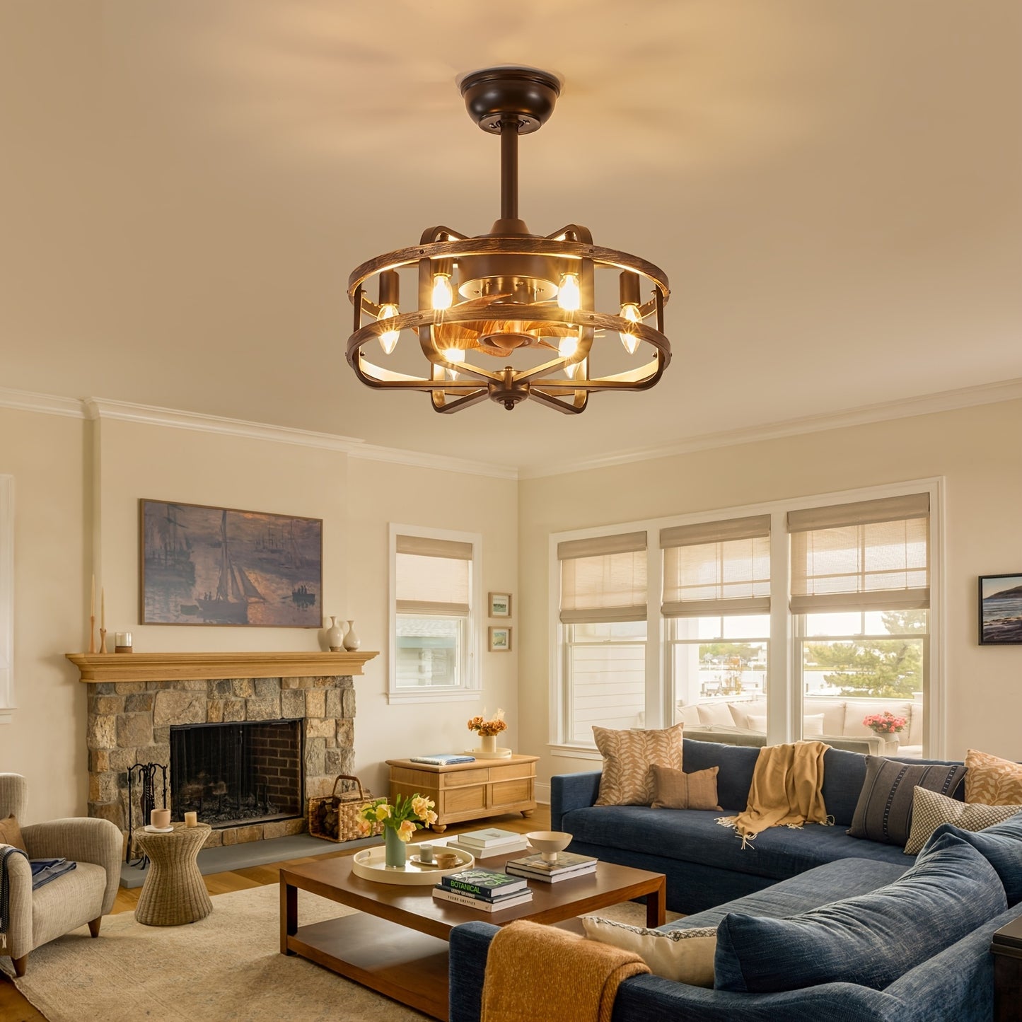 18" Industrial Caged Ceiling Fan With Remote Control And Light Kit Farmhouse Ceiling Fan